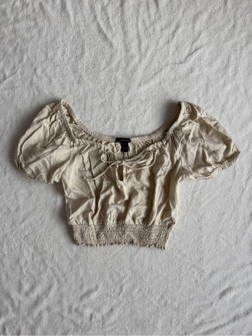 Ambiance Crop Peasant Top with Tie Front in Cream
